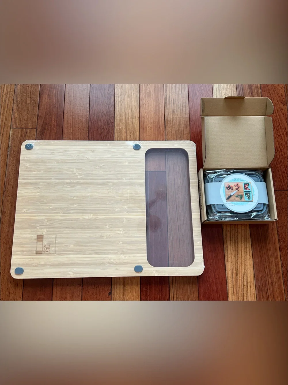 NWT TidyBoard Bamboo Cutting Board with Teal Prep Trays